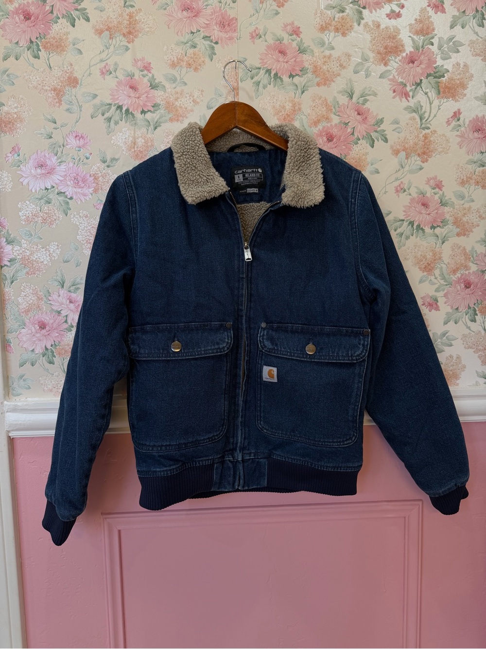 Carhartt Dark Blue Denim Sherpa Collar Work Jacket